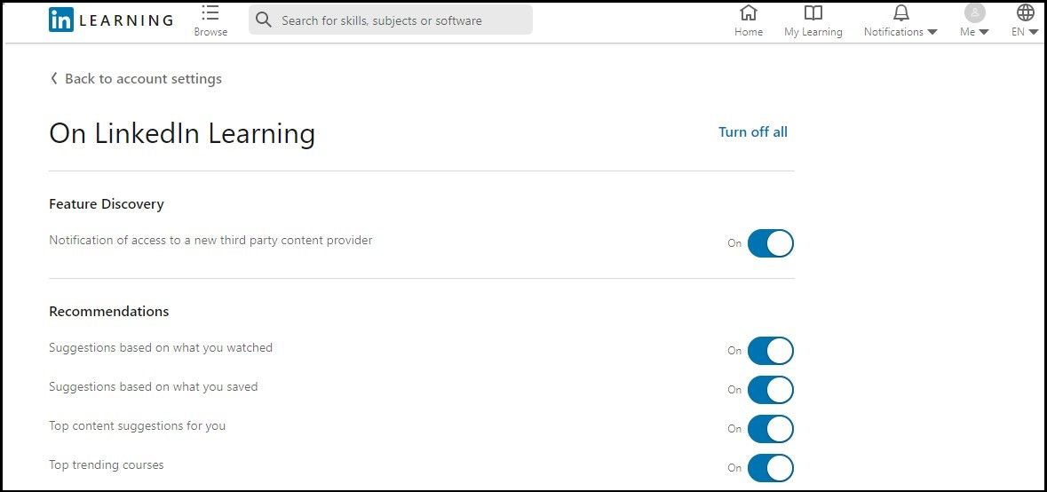 settings on linkedin learning