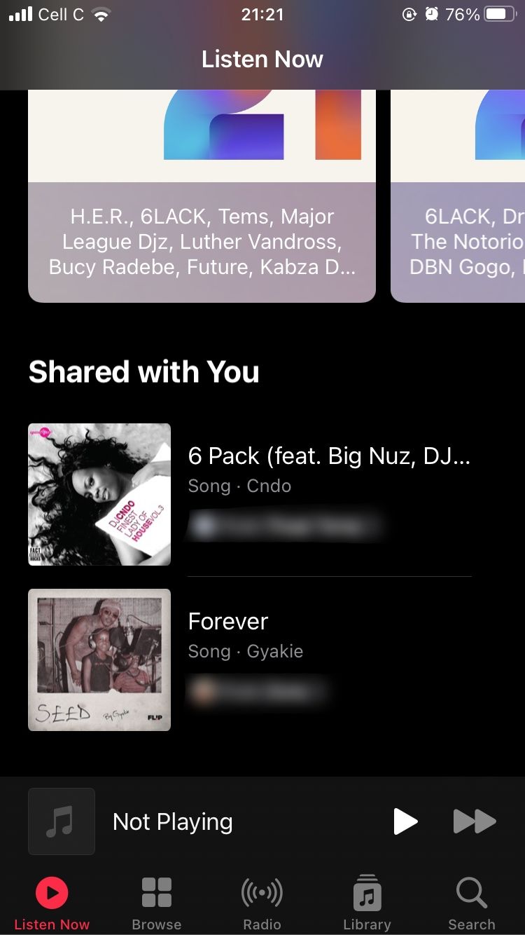 screenshot showing apple music listen now section