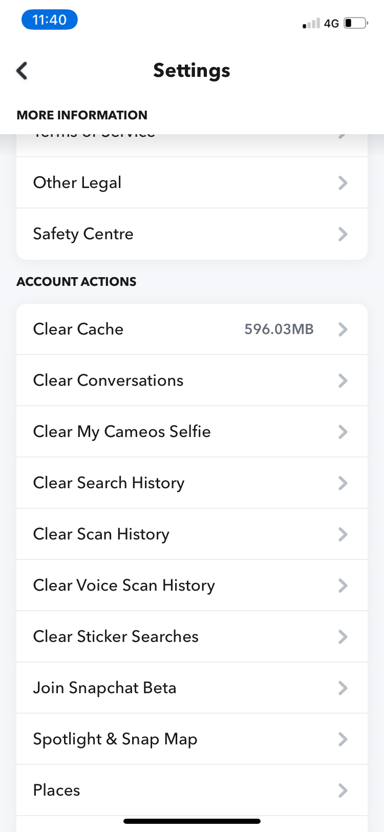 screenshot of snapchat settings