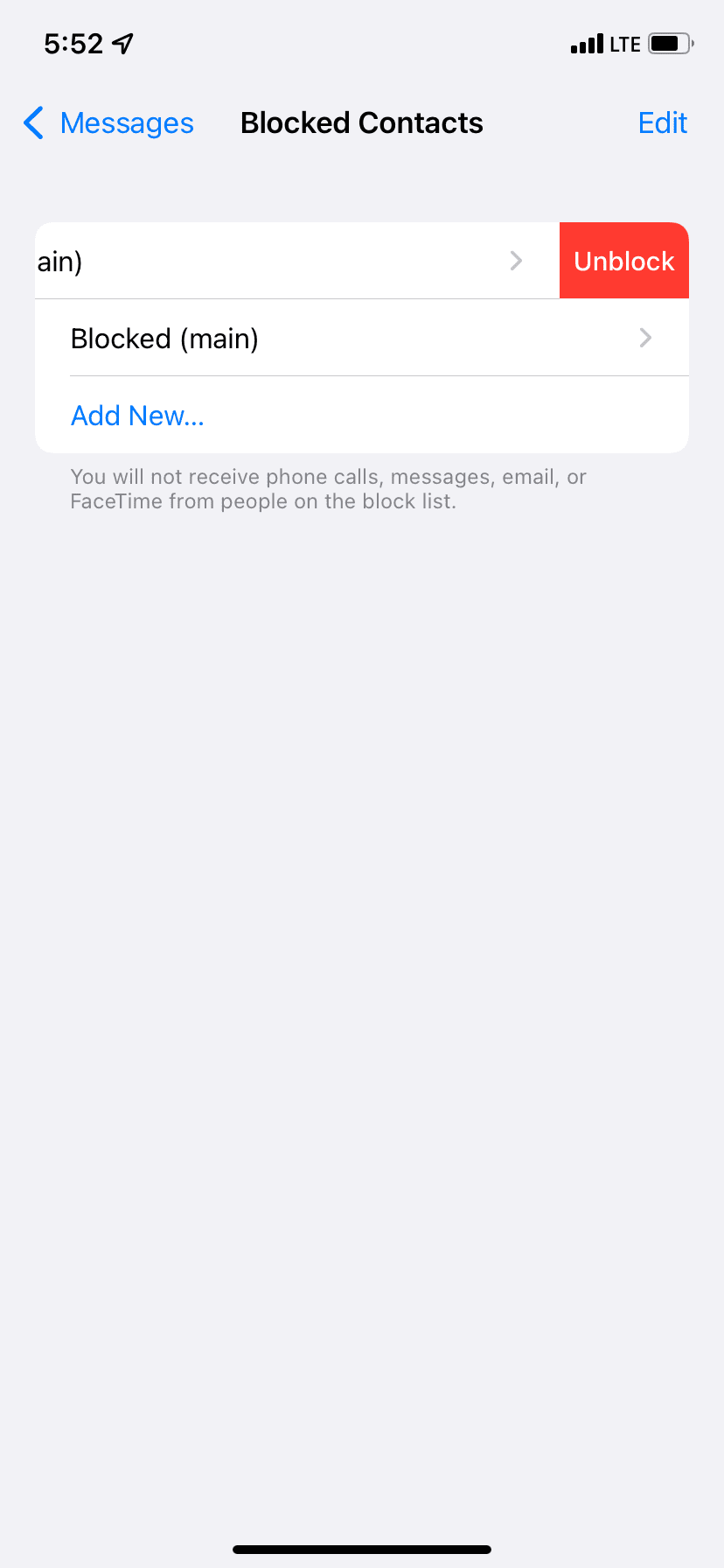 Swipe left on blocked iPhone contact and tap Unblock