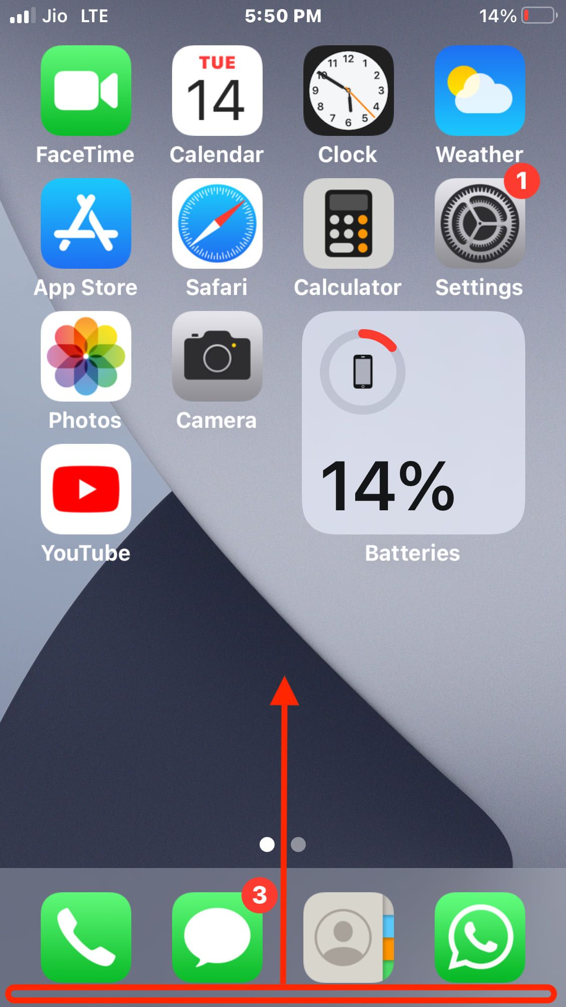 Swipe up from bottom of the screen on iPhone with Home Button