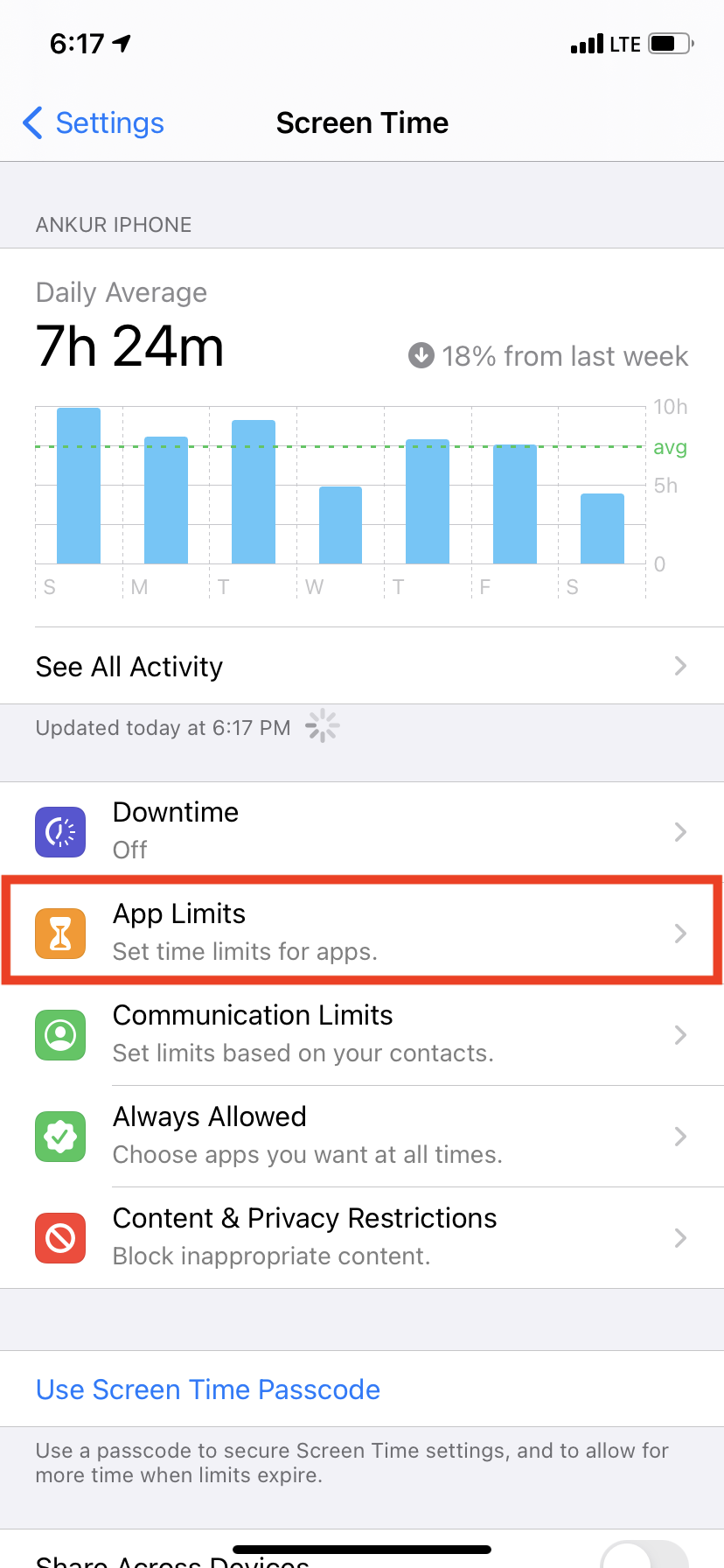روی App Limits در تنظیمات زمان صفحه آیفون ضربه بزنید