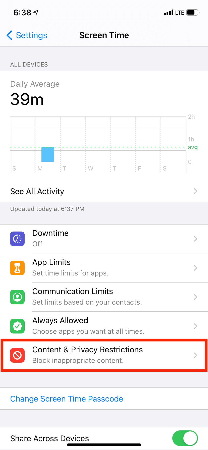 Tap Content & Privacy Restrictions in iPhone Screen Time Settings