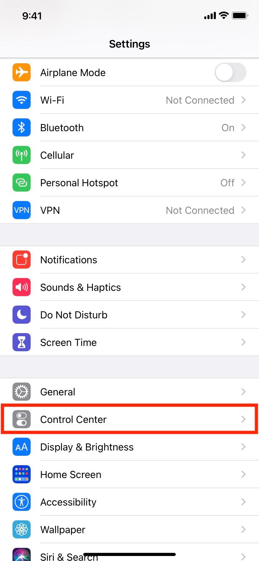 Tap Control Center in iPhone Settings