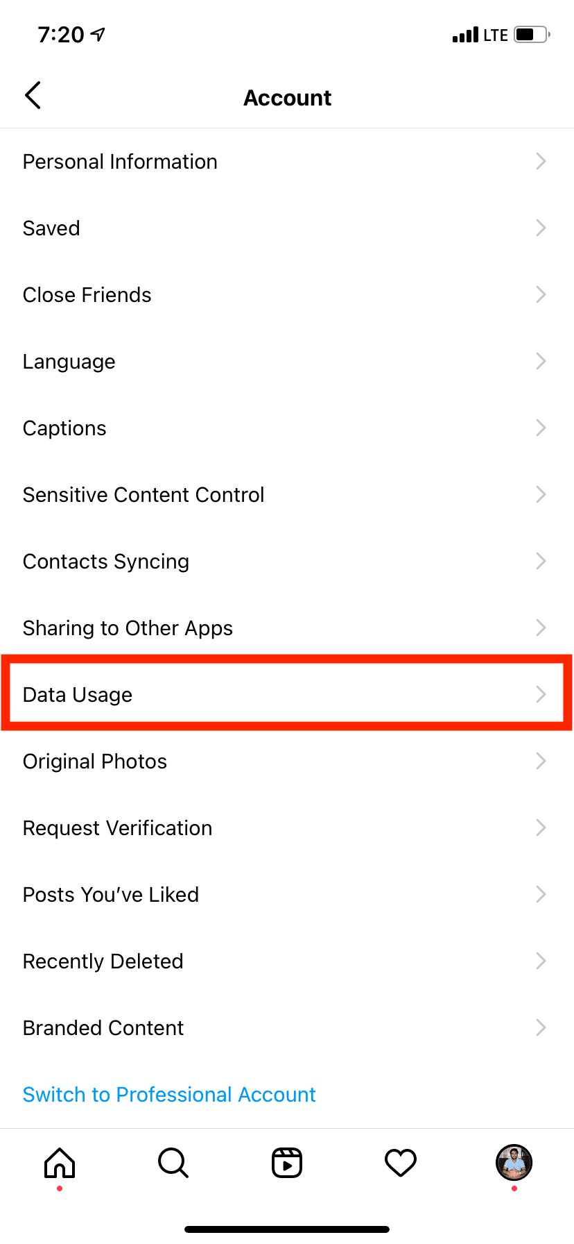 Tap Data Usage in Instagram Settings