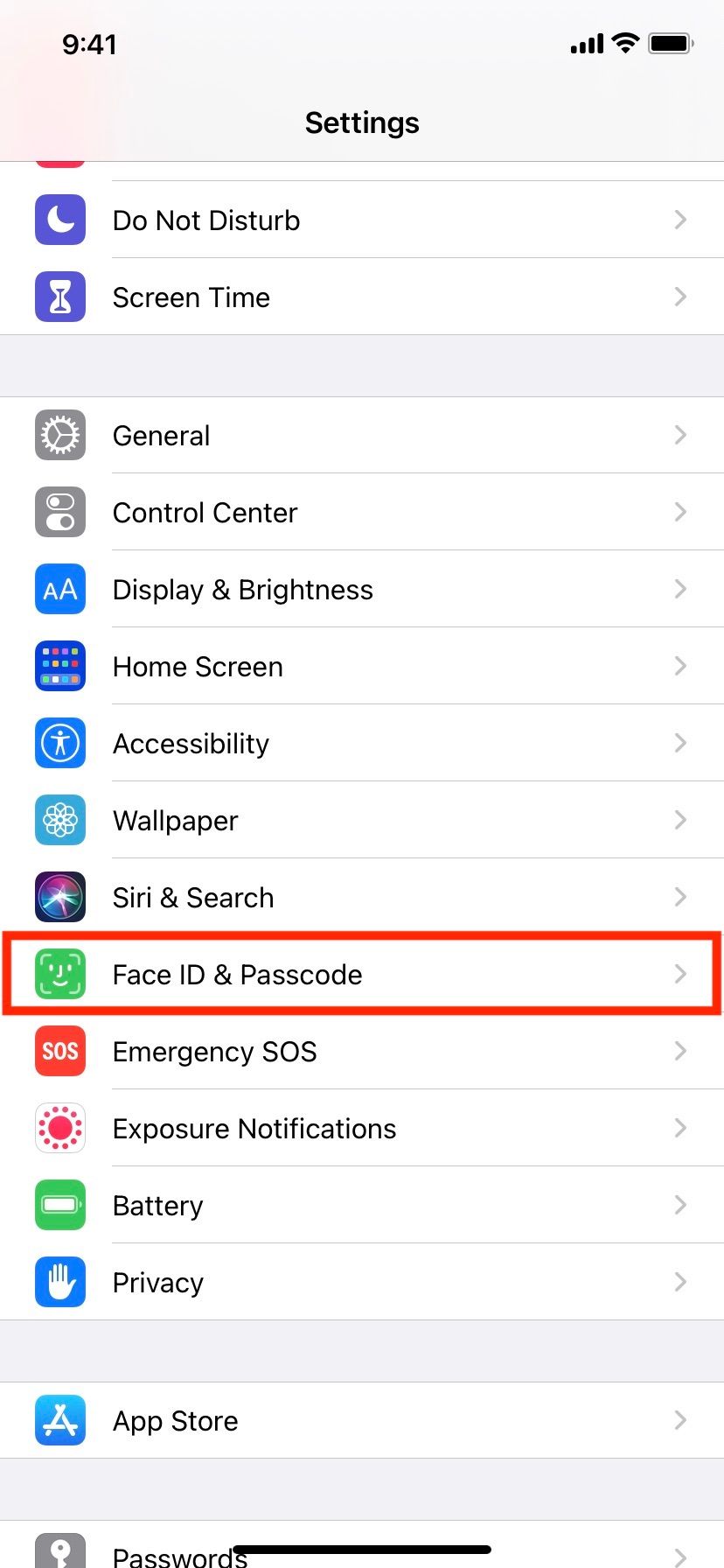 Tap Face ID & Passcode in iPhone Settings