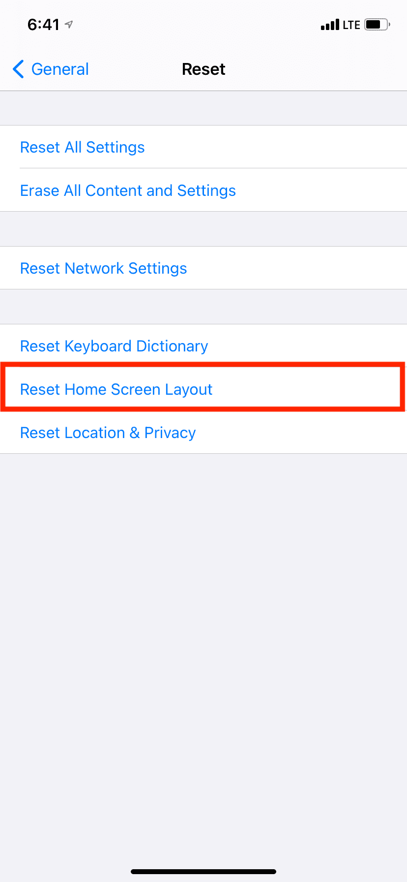 Tap Reset Home Screen Layout in iPhone Settings