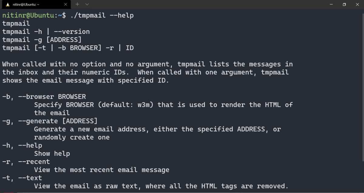 Output of tmpmail with help flag