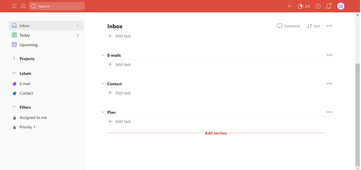 Screenshot of Todoist Add Section