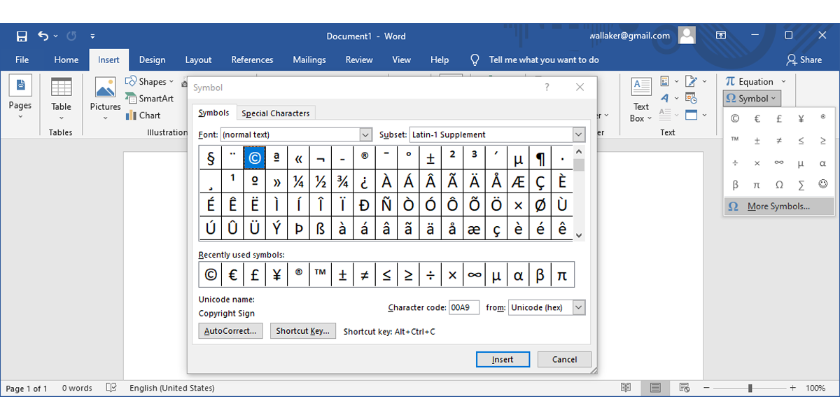 Microsoft Word symbols menu