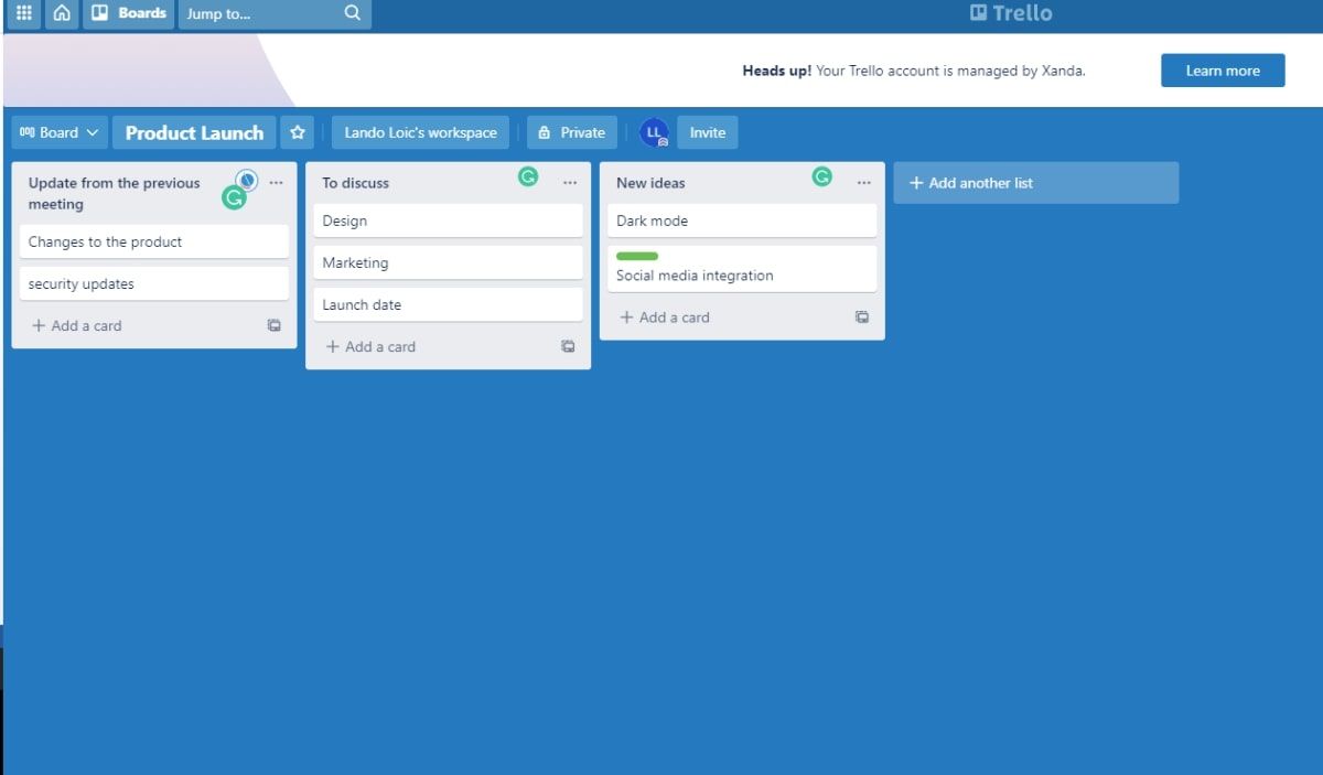 Screenshot of Trello app