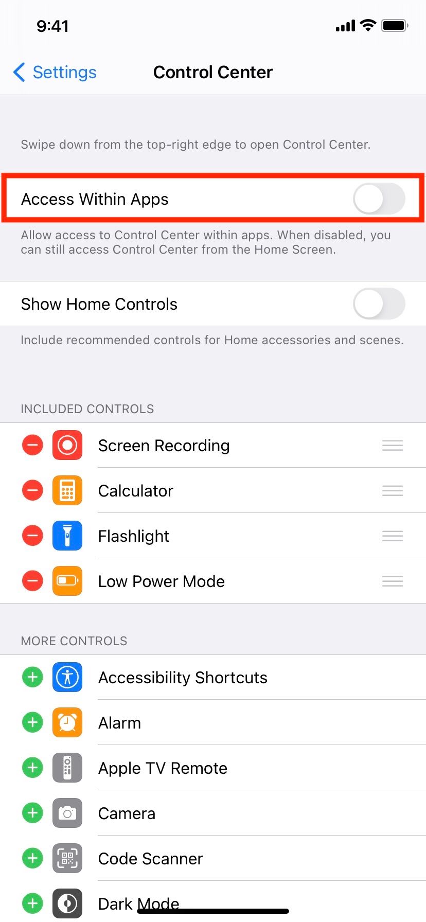Turn off Access Within Apps in iPhone Control Center Settings