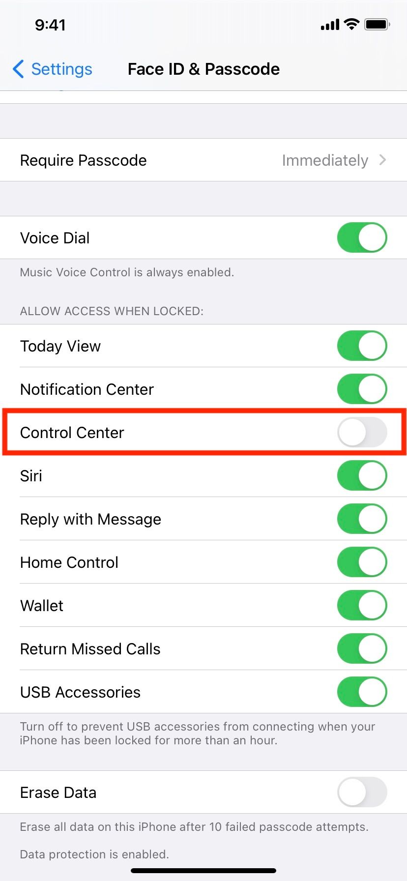 Turn off Control Center to disable it from iPhone Lock Screen