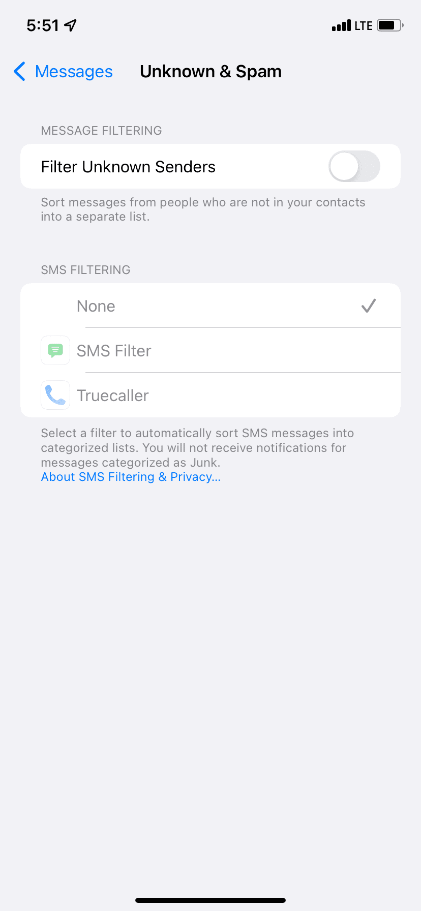 Turn off Filter Unknown Senders in iPhone Messages Settings