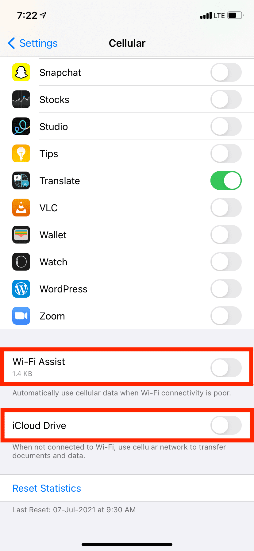 Turn off Wi-Fi Assist and iCloud Drive in iPhone Cellular Settings to save mobile data
