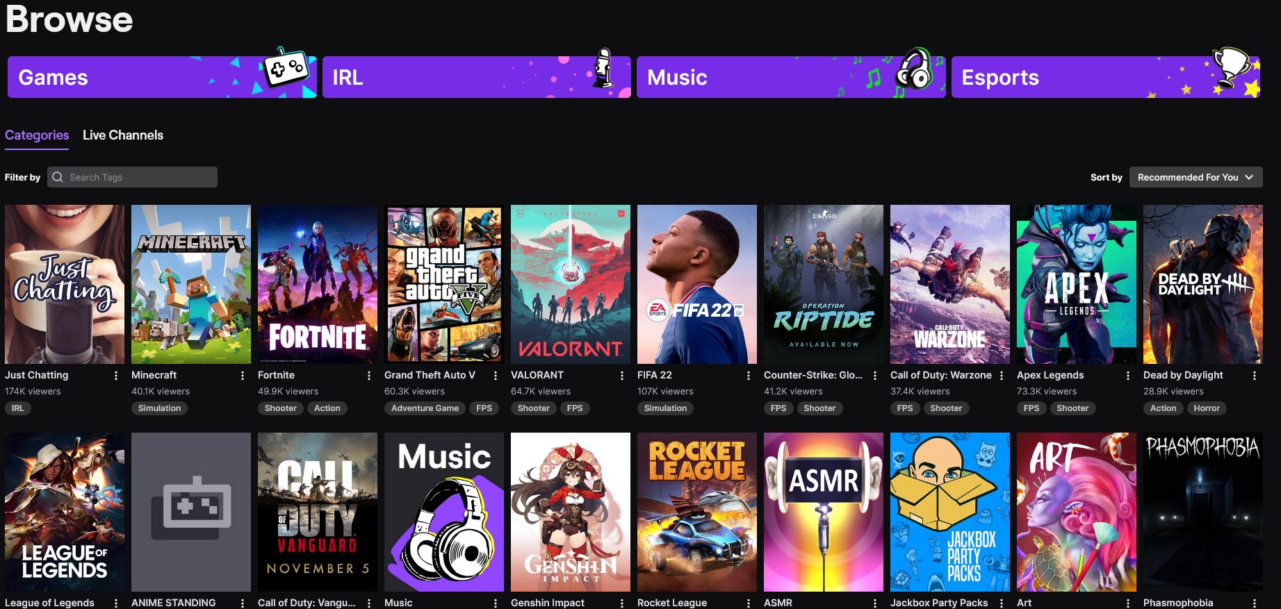 twitch categories and games