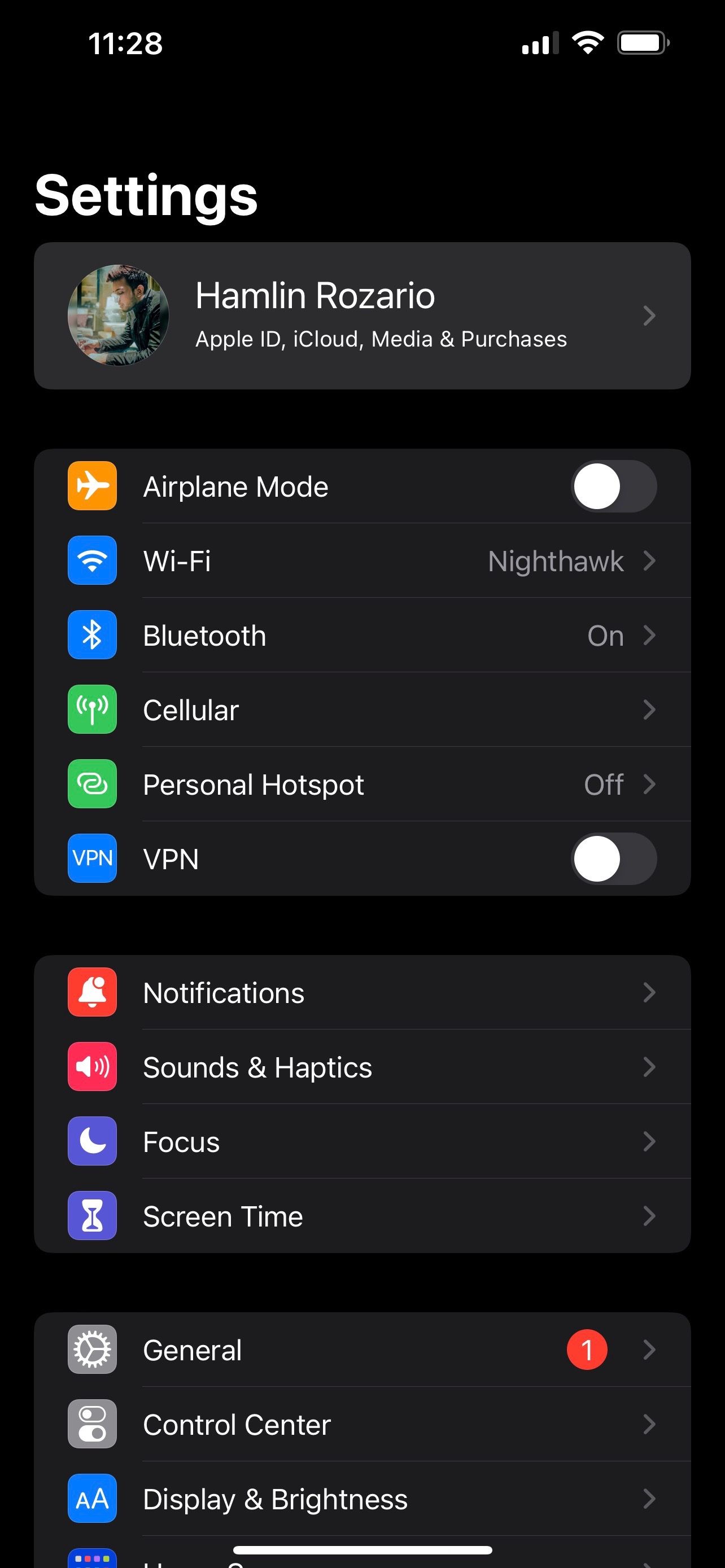iOS Settings menu