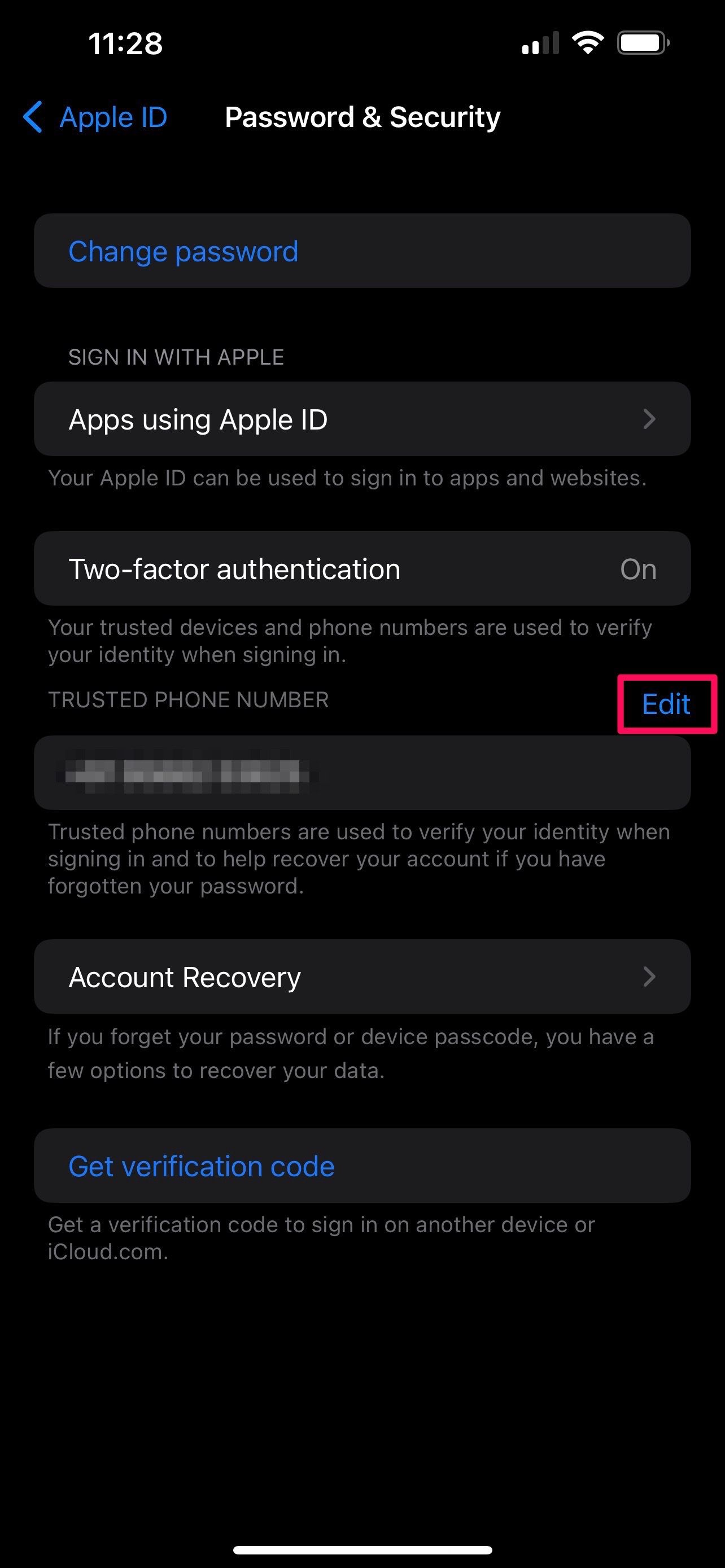 Password and Security settings in iOS