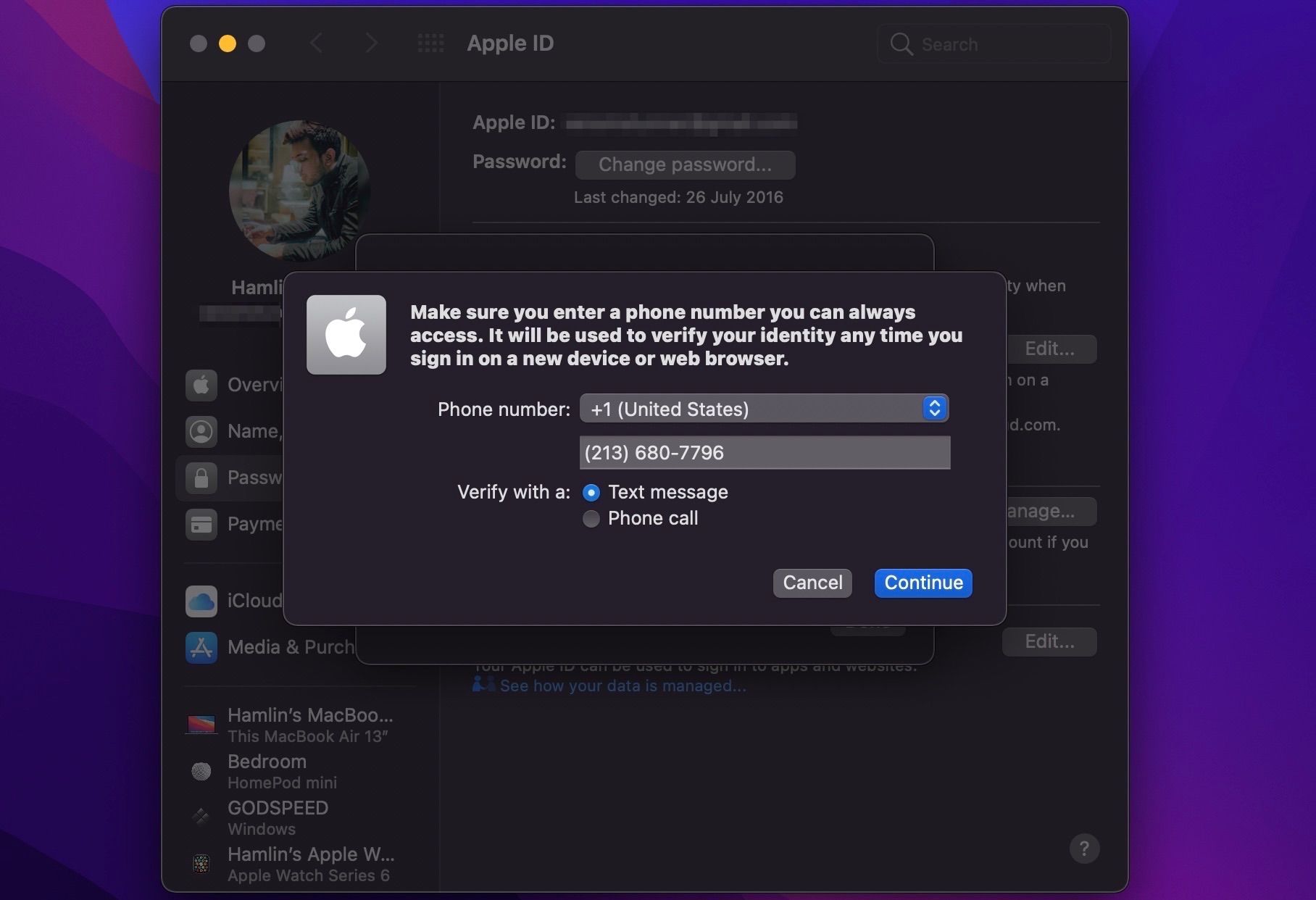 Updating trusted phone number on a Mac