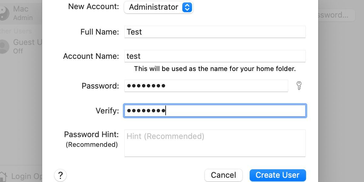 Mac users and groups new user window. Administrator account is selected, and passwords are entered.