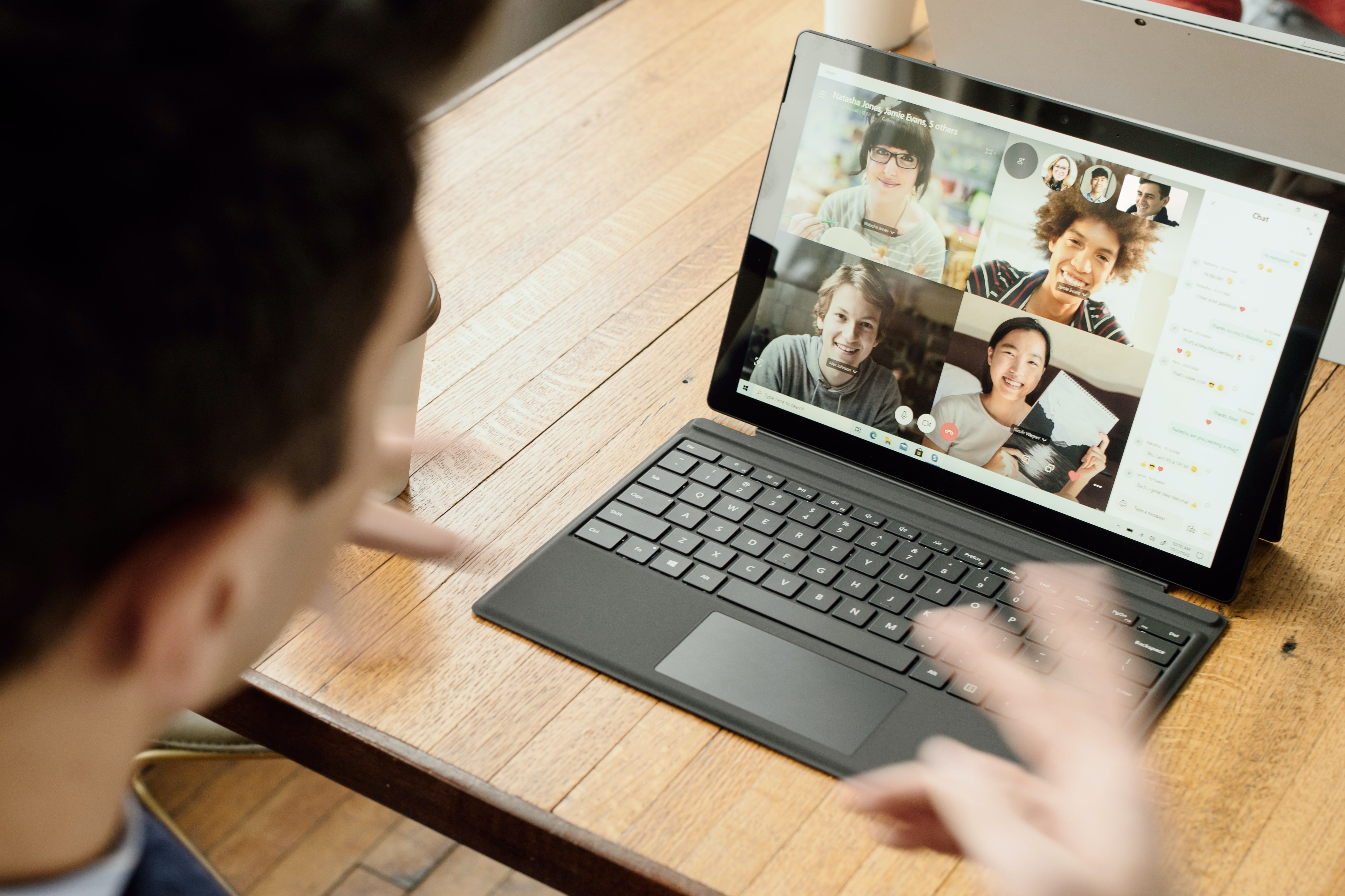 A group using video conferencing for a meeting