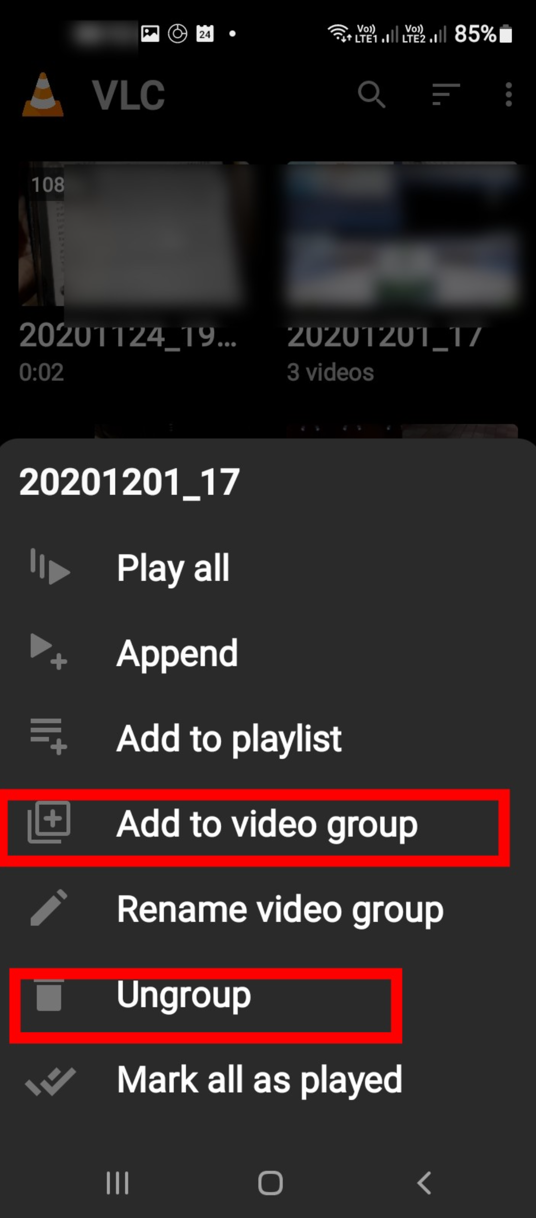 Video grouping controls for android vlc