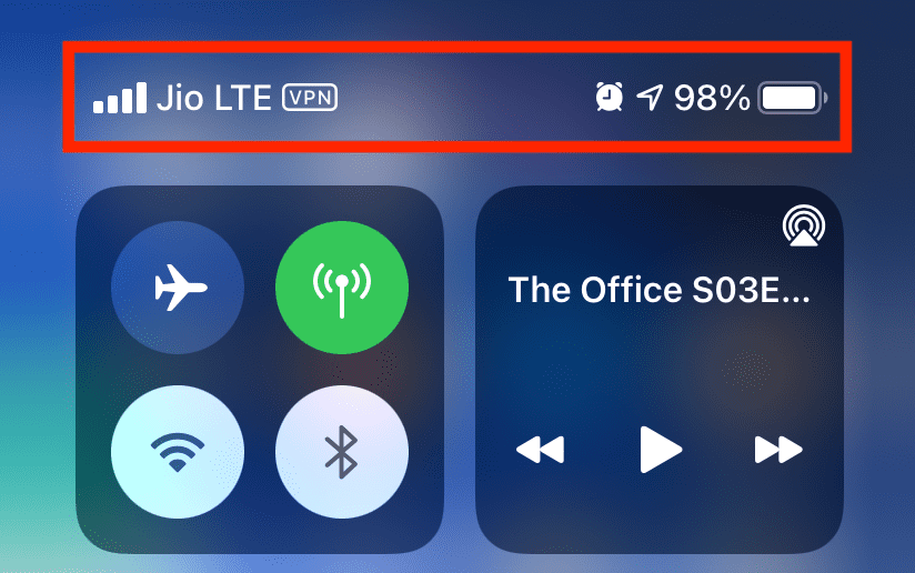 VPN Alarm and other icons visible in iPhone Control Center