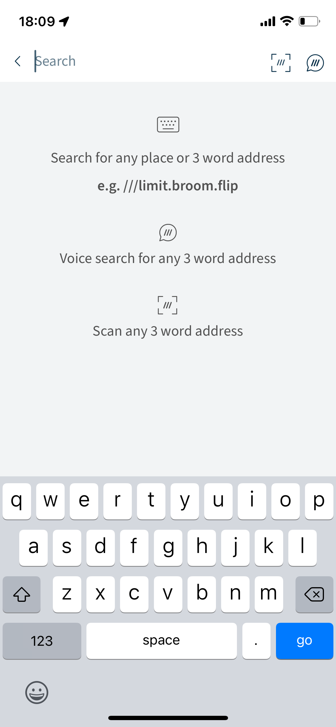 what3words app showing search bar