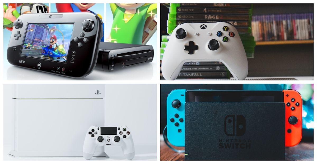 A collage featuring a white PS4 Wii U Nintendo Switch and Xbox Controller and Xbox One Games