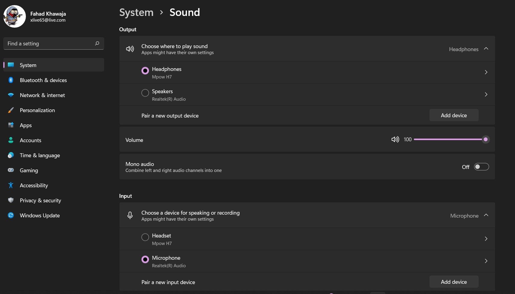 Sound settings Windows 11
