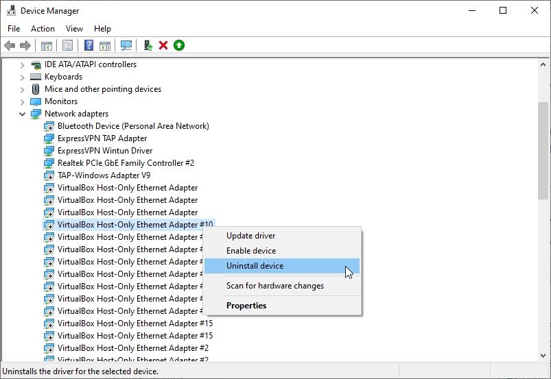 windows device manager uninstall network adapter