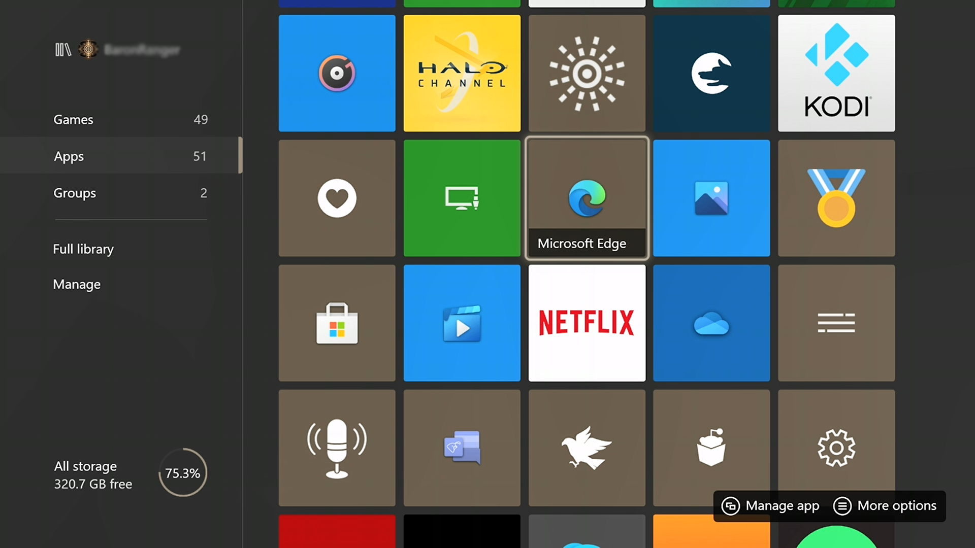 Microsoft Edge in Xbox app list.