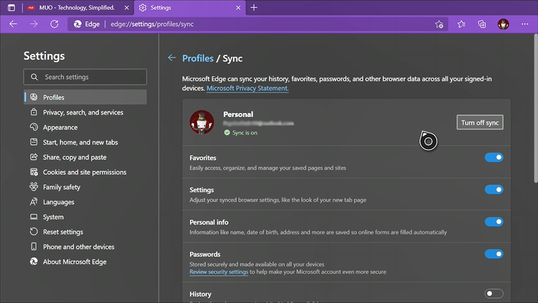 Pengaturan sinkronisasi untuk Xbox Microsoft Edge.