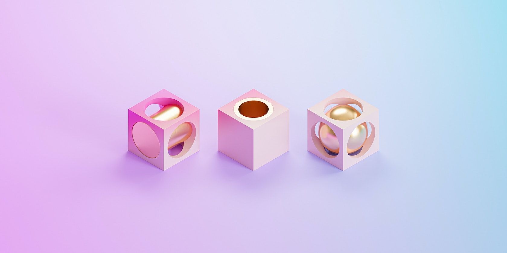 Three 3-dimensional printed cubes equally spaced on a pink and blue gradient background