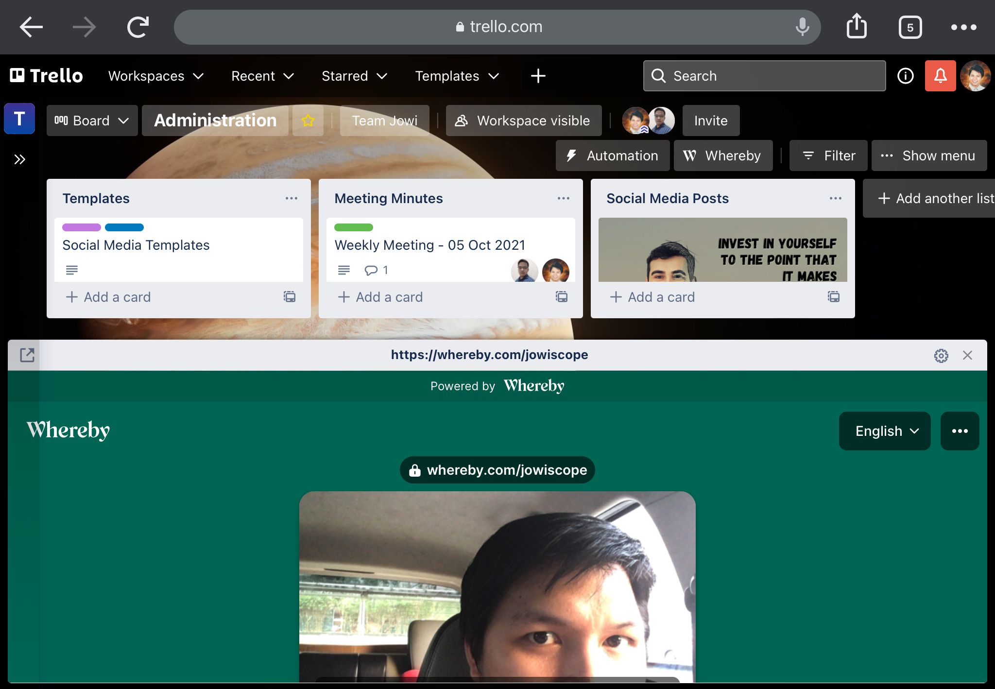 Starting a Whereby virtual office video call directly on Trello