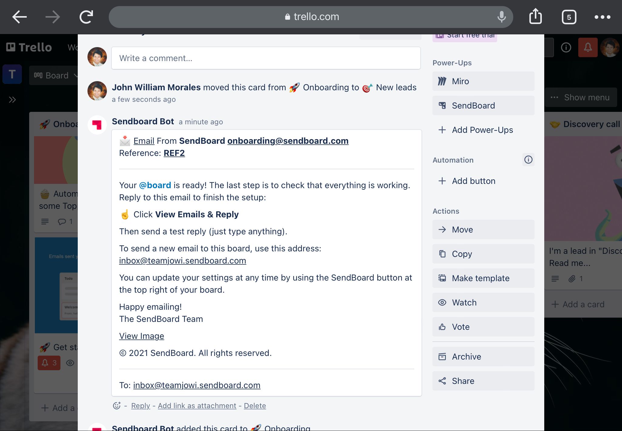Receive and send emails directly on Trello boards