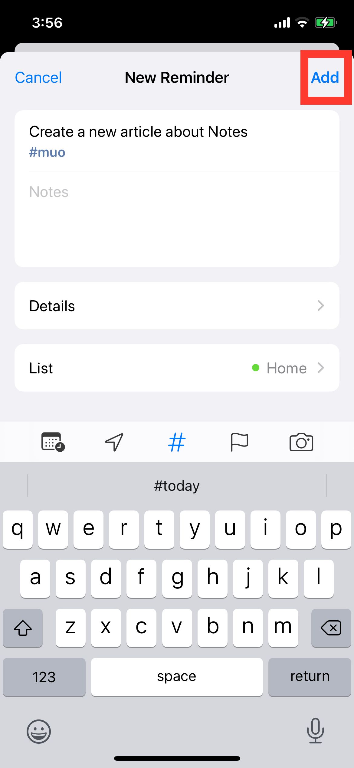 Add Button in Reminders