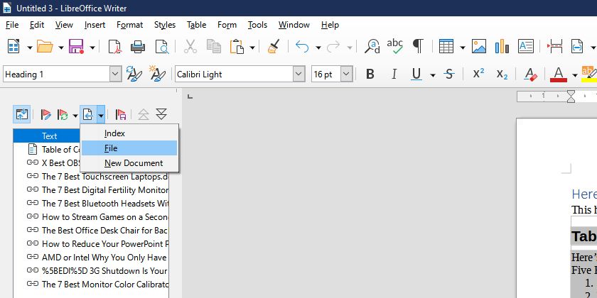 Screenshot of how to add documents to your master document file