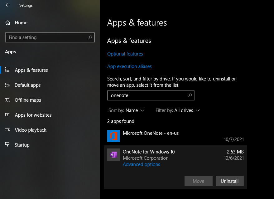 Advanced options Settings to Reset OneNote in Windows Settings App
