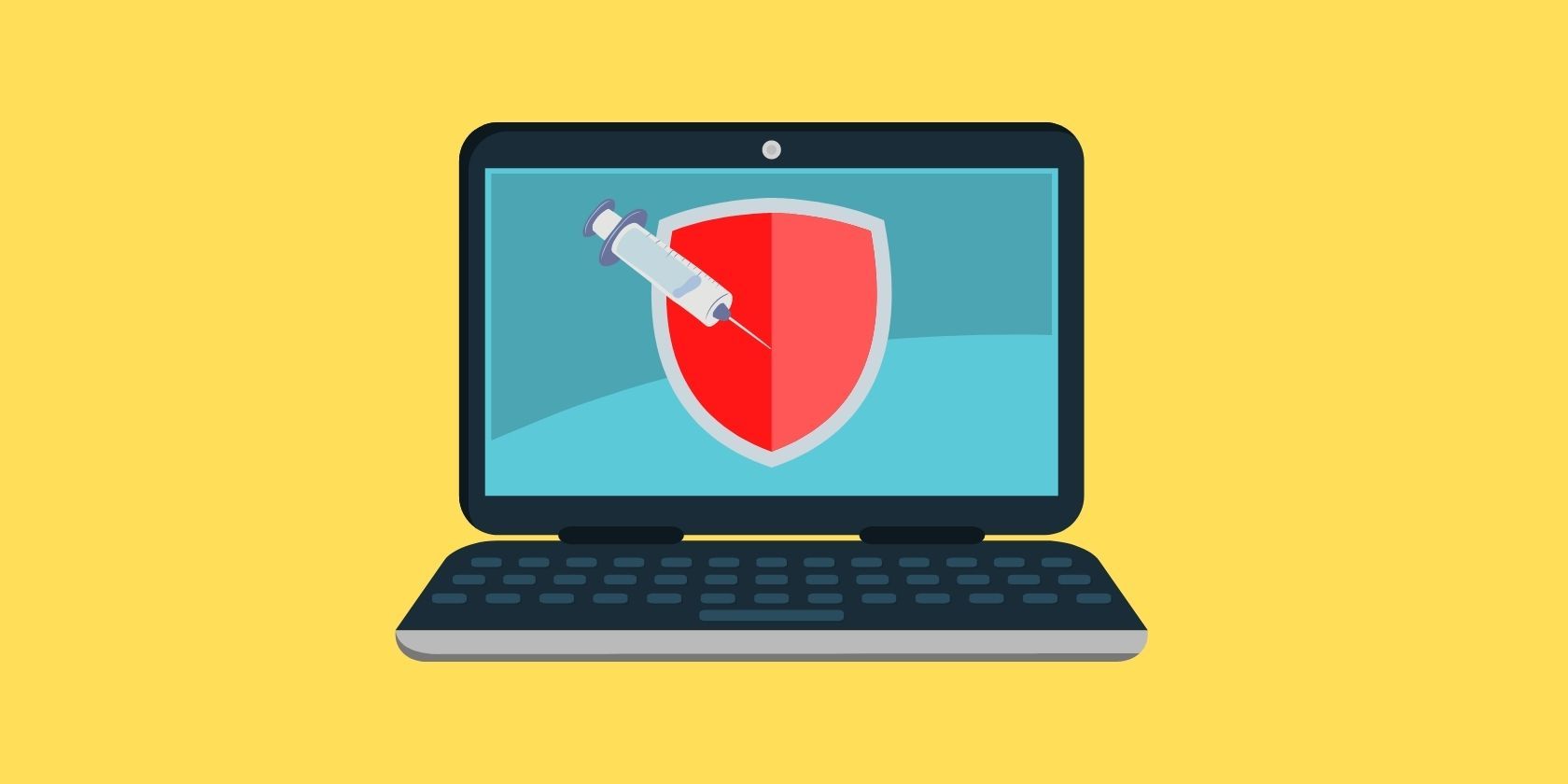 Digital illustration shows a laptop screen with a shield and needle on it.