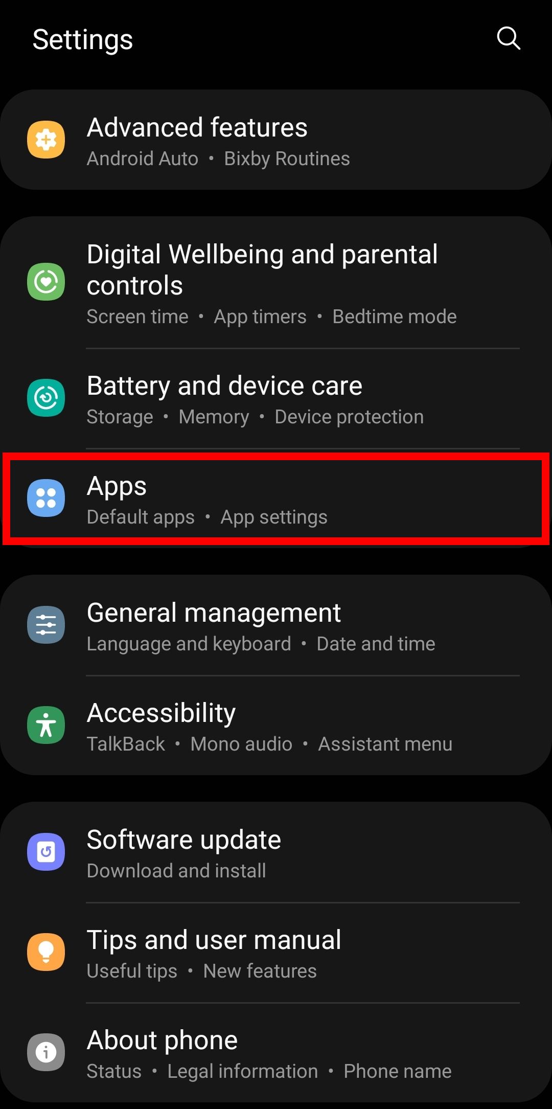The Apps menu highlighted in Android settings