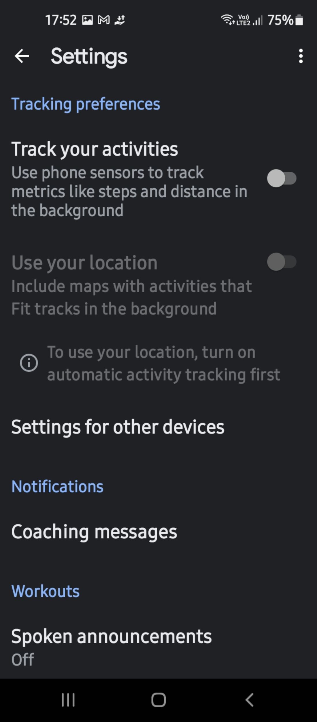 Activity preference settings in Google Fit disabled