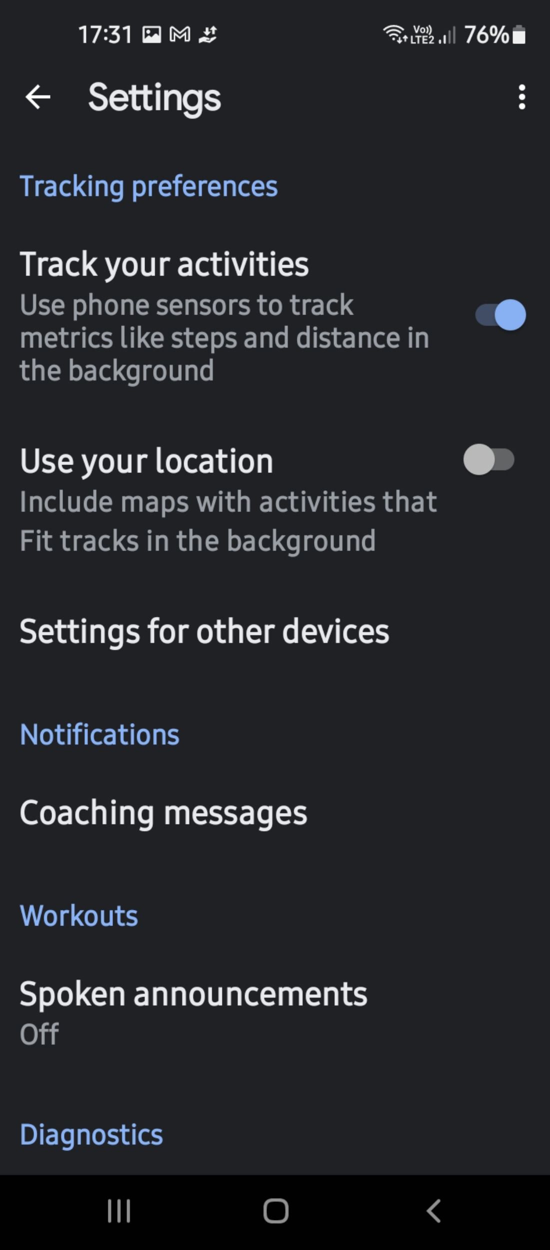 Google Fit activity settings