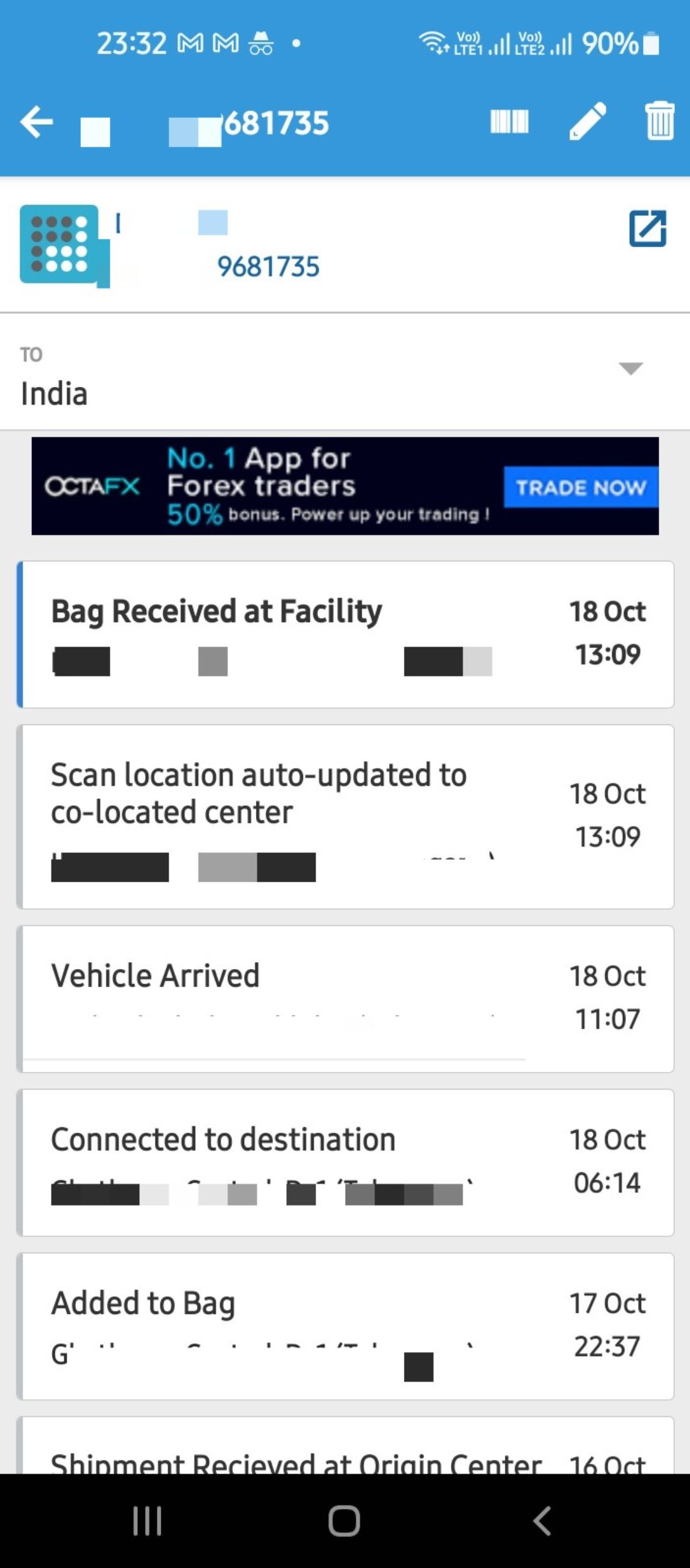 Parcels app tracking dashboard