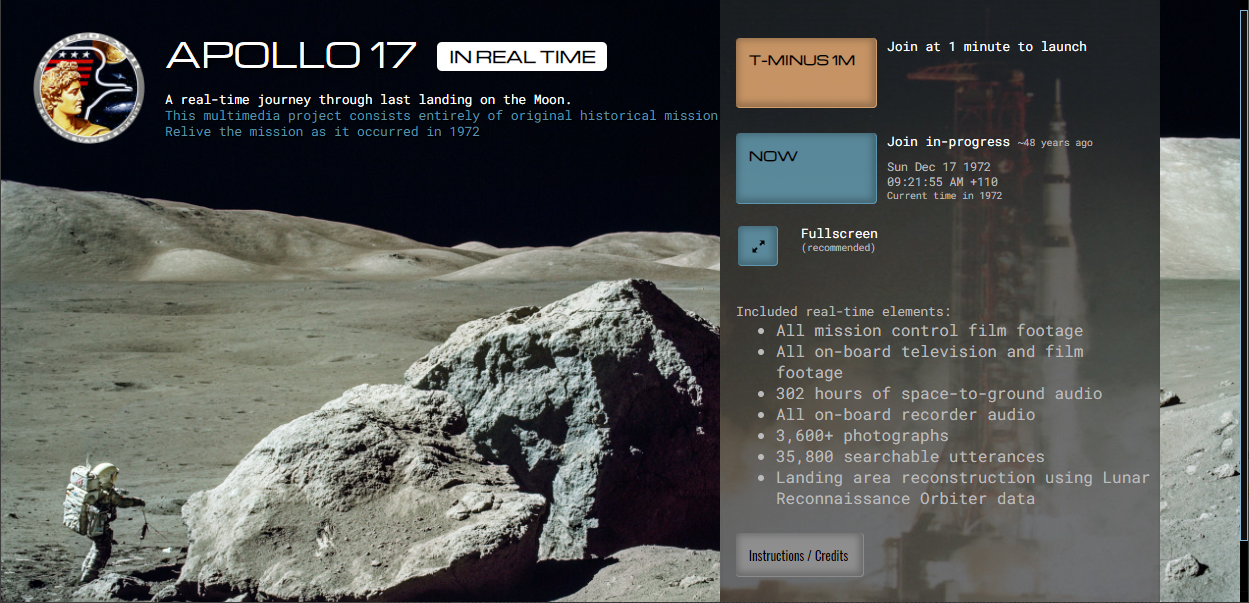 A Screenshot Of Apollo 17 in Real-Time's Landing Page