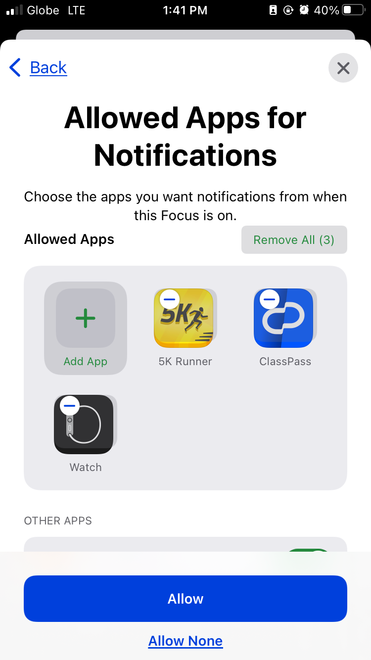Apple Focus Mode Fitness Allowed Apps