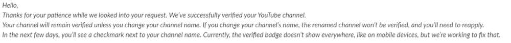 Application for YouTube verification badge approved