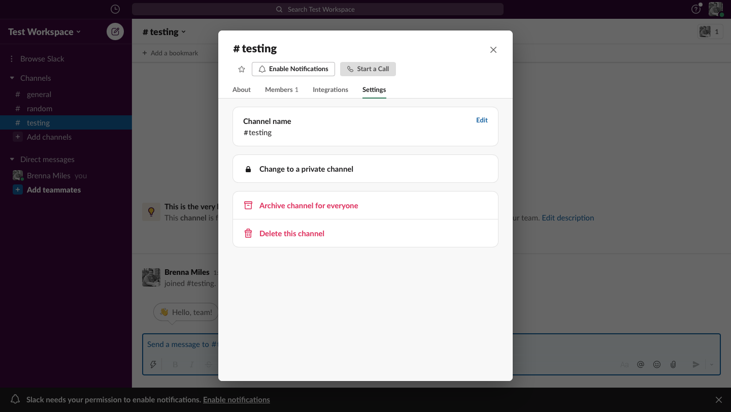 Image shows how to archive a Slack Channel in Settings
