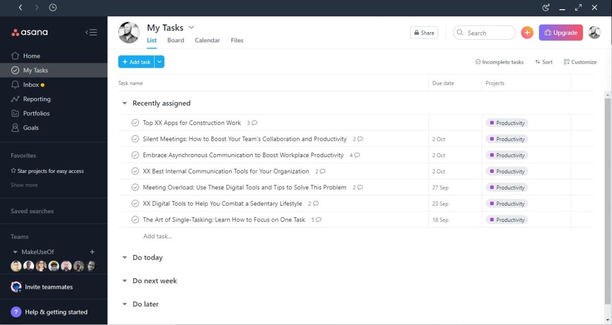 Screenshot of Asana