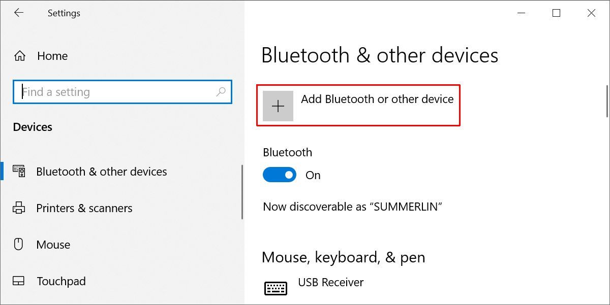 Bluetooth options in the Windows 10 Settings menu